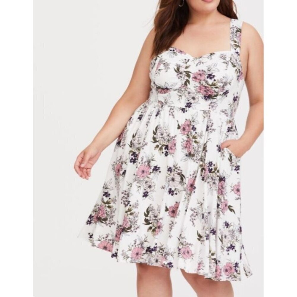 torrid White Floral Fit-and-Flare Dress with Pink & Green Accents